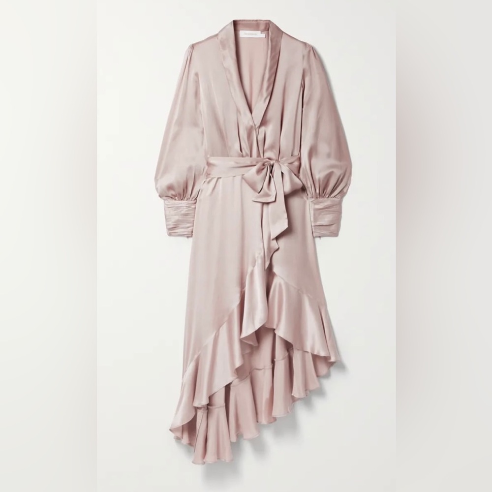 Zimmerman Asymmetric Ruffle Silk-Satin Midi Wrap Dress